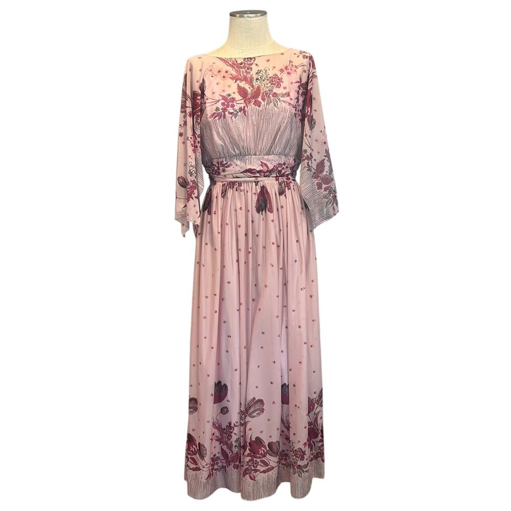 Vintage 80s Purple Floral Maxi Dress Sheer Overlay Union Made Womens Size M